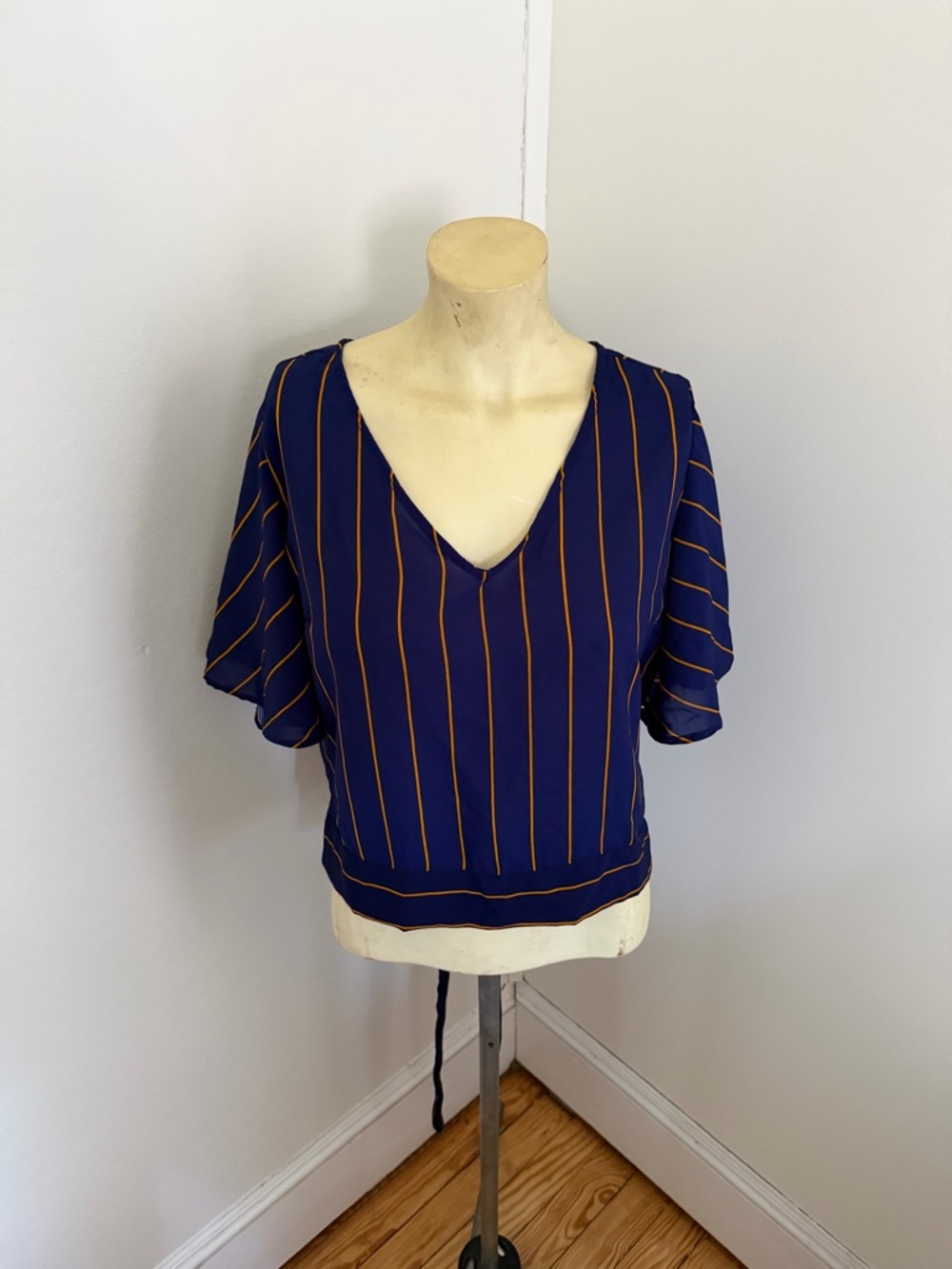 Japna Navy and Tan Striped V-Neck Crop Top